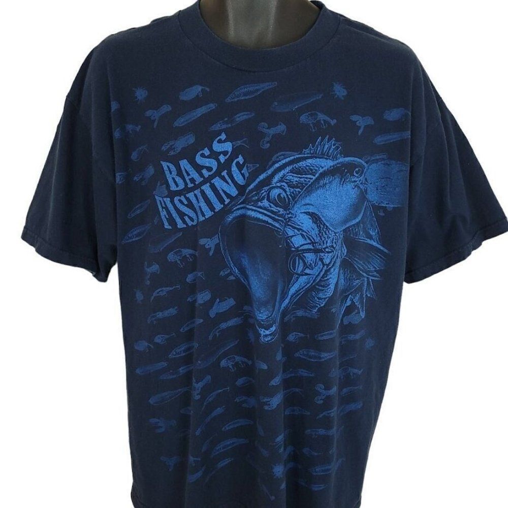 Bass Fishing T Shirt Vintage 90s All Over Print Fisherman Lures Mens Size XL